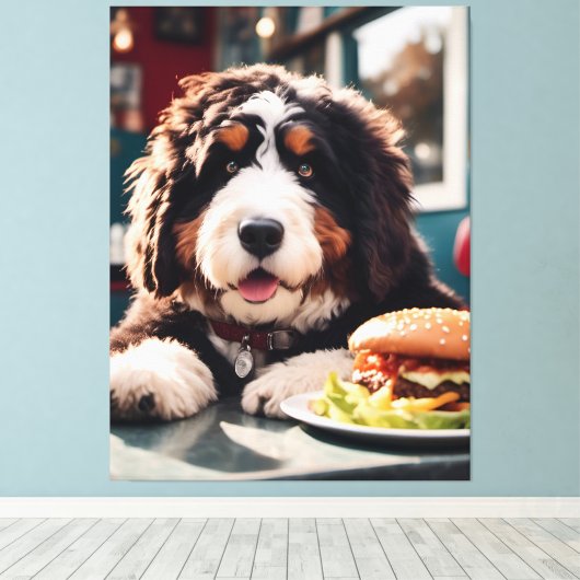 Schattige Bernerdoodle bij het Diner Canvas Afdruk (Insitu (Houten vloer))