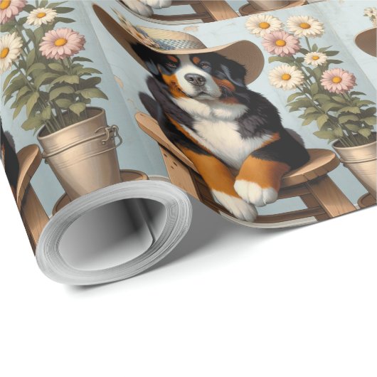 Schattige Bernese Mountain Dog met hoed en bloemen Cadeaupapier (Rol Hoek)