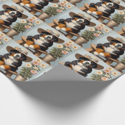 Schattige Bernese Mountain Dog met hoed en bloemen Cadeaupapier (Hoek)