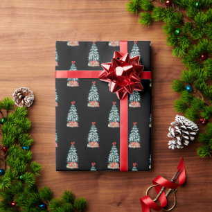 Schattige besneeuwde kerstboom Zwart Cadeaupapier