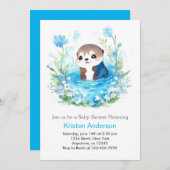 Schattige bewerkbaar blauw bloemig otterboy Baby s Kaart (Voorkant / Achterkant)