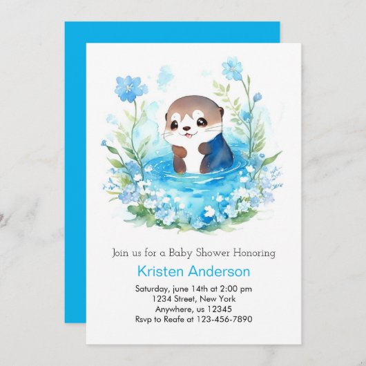 Schattige bewerkbaar blauw bloemig otterboy Baby s Kaart (Voorkant / Achterkant)