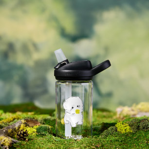 Schattige Bichon Frise-hond met eendenbek-mondstuk Waterfles