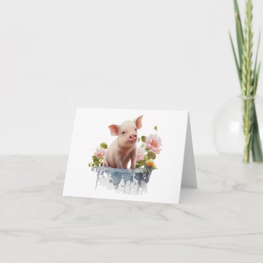 Schattige biggetje met water en bloemenblanco kaart (Voorkant)