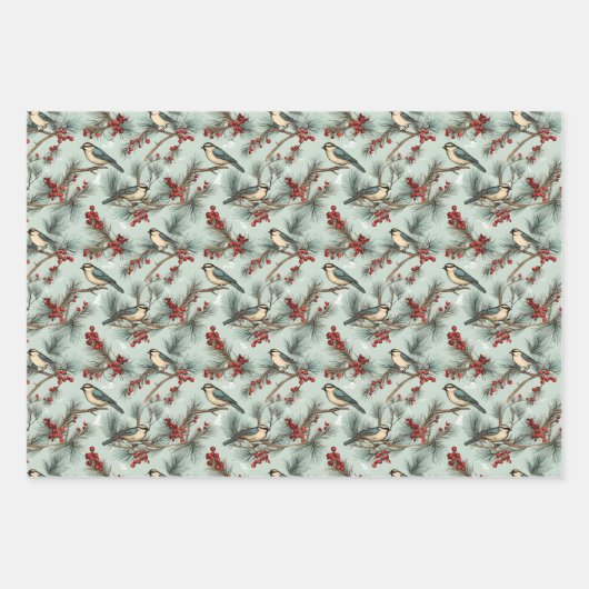 Schattige Bird & Red Berry kerstpatroon Inpakpapier Vel (Voorkant)