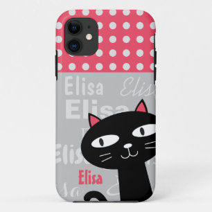 Schattige Black Cat Pink Polka Dots Jouw naam toev iPhone 11 Hoesje