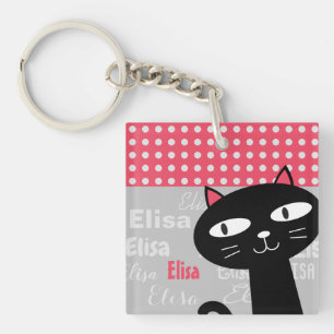 Schattige Black Cat Pink Polka Dots Jouw naam toev Sleutelhanger