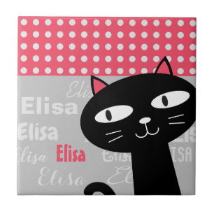 Schattige Black Cat Pink Polka Dots Jouw naam toev Tegeltje