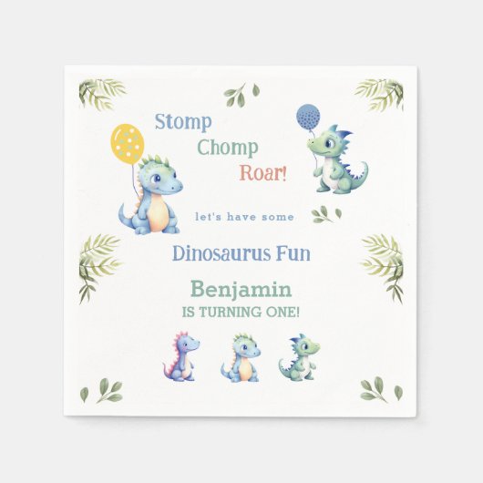 Schattige Blauw Baby Boy Dinosaurus 1e Verjaardags Servet (Voorkant)