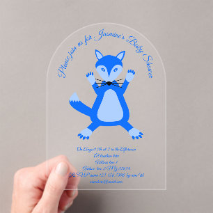Schattige Blauw Baby Boy Fox Baby shower Aangepast Acryl Uitnodigingen