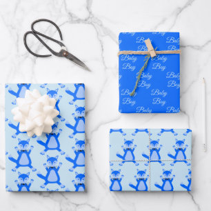 Schattige Blauw Baby Boy Fox Baby shower Patterned Inpakpapier Vel