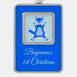 Schattige Blauw Baby Boy Fox Custom 1e Kerstmis Verzilverd Kader Ornament