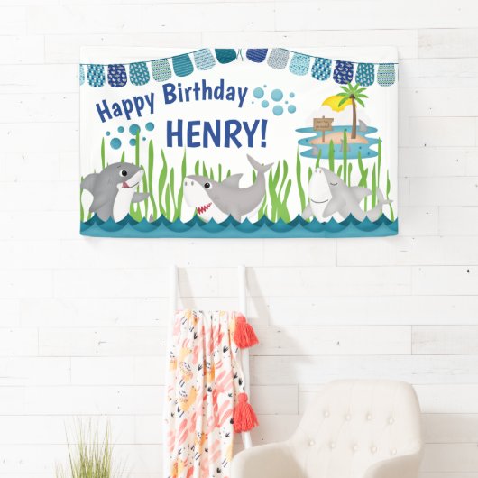 Schattige Blauw Blauwgroen Shark Ocean Kind Verjaa Spandoek (Insitu)