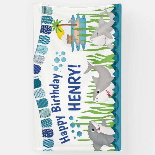 Schattige Blauw Blauwgroen Shark Ocean Kind Verjaa Spandoek (Verticaal)