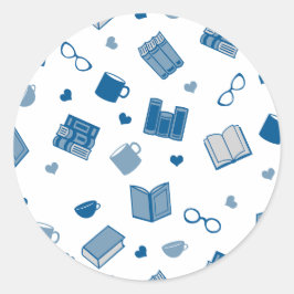 Schattige blauw boek en leespatroon ronde sticker