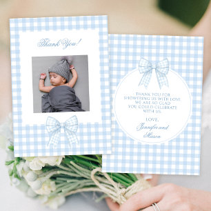 Schattige blauw boog baby shower foto dank u kaart