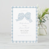 Schattige blauw boog lint baby shower uitnodiging (Staand voorkant)