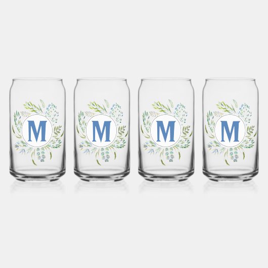 Schattige Blauw Botanisch Groen Monogram Blikvorm Glas (Voorkant)