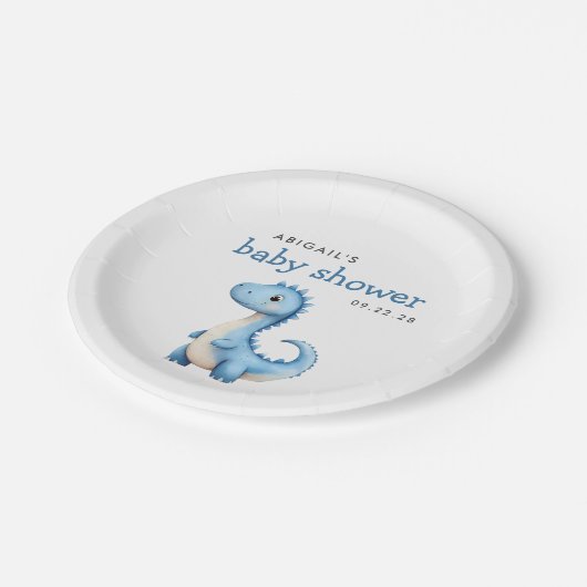 Schattige blauw dinosaurus Baby shower Papieren Bordje (Gekanteld)
