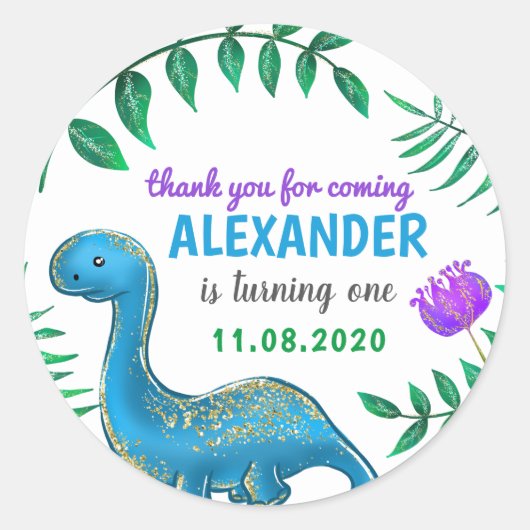 Schattige Blauw Dinosaurus Verjaardagsfeest | Dank Ronde Sticker (Voorkant)