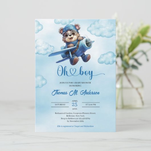 Schattige blauw en bruin jongetje Teddy Bear Aviat Kaart (Staand voorkant)