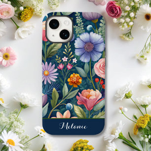 Schattige blauw Floral Wildflower monogram Case-Mate iPhone 14 Hoesje