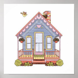 Schattige blauw huis poster