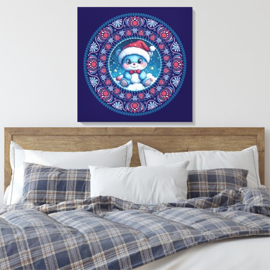 Schattige Blauw Kerst Kawaii Beer Dot Mandala Canv Canvas Afdruk (Insitu (Slaapkamer))