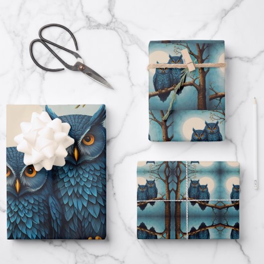 Schattige blauw Paar Uilen op een tak Inpakpapier Vel (Voorkant)