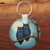Schattige blauw Paar Uilen op een tak Sleutelhanger (Voorkant)
