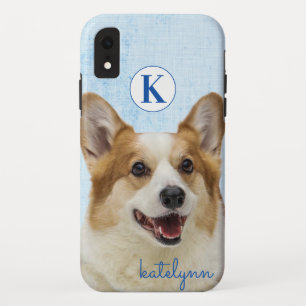 Schattige blauw Peek-a-Boo Corgi Dog Monogram iPhone XR Hoesje