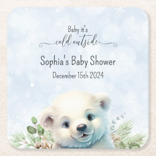 Schattige Blauw Polar Beer Winter Baby shower Vierkante Kartonnen Onderzetter