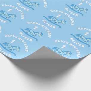 Schattige Blauw Rocking Horse Boy 1e Verjaardag Cadeaupapier