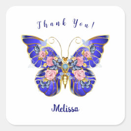 Schattige Blauw Roze Gouden Vlinder Bloemen Dank u Vierkante Sticker