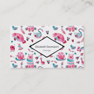 Schattige blauw & roze Waterverf Dierenpatroon Visitekaartje