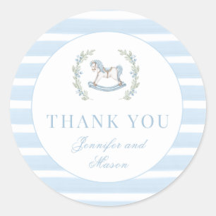 Schattige blauw schommelpaard baby boy douche dank ronde sticker