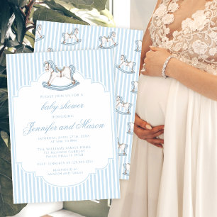 Schattige blauw schommelpaard gestippeld baby boy kaart