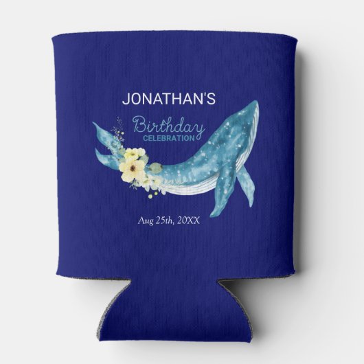 Schattige Blauw Walvis Geel Bloemen Navy Verjaarda Blikjeskoeler (Achterkant)