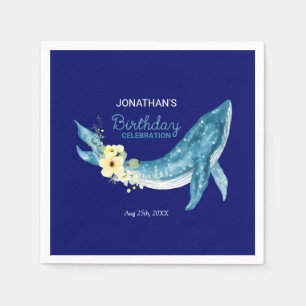Schattige Blauw Walvis Geel Bloemen Navy Verjaarda Servet