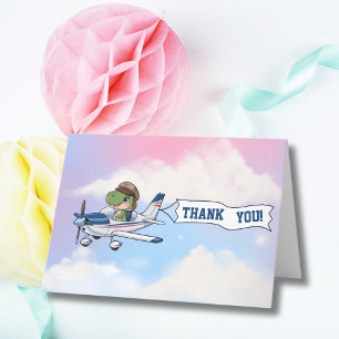 Schattige Blauw Wit Vliegtuig & Dinosaurus Kids Ve Bedankkaart