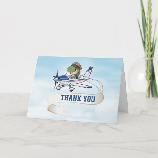 Schattige Blauw Wit Vliegtuig & Dinosaurus Kids Ve Bedankkaart (Voorkant)