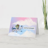 Schattige blauw wit vliegtuig en dinosaurus eerste bedankkaart (Voorkant)