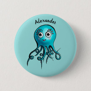 Schattige Blauwe Cartoon Octopus - Lachend Zeedier Ronde Button 5,7 Cm