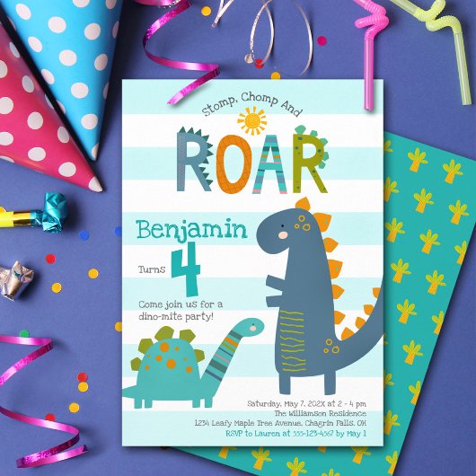 Schattige Blauwe Dinosauriërs Stamp Chomp Brul Jon Kaart