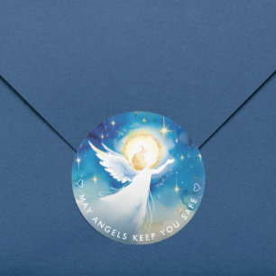 Schattige Blauwe en Witte Beschermengel Waterverf Ronde Sticker