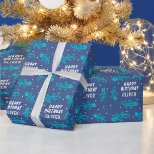 Schattige Blauwe Hagedis Gecko Kind Gelukkige Verj Cadeaupapier