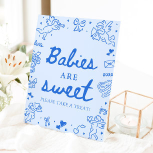 Schattige Blauwe Met De Hand Getekende Baby's Zijn Reclamebord Met Voetstuk