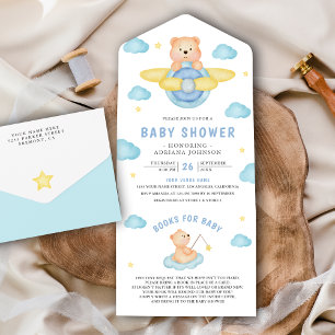 Schattige Blauwe Vliegtuig Jongen Teddybeer Baby S All In One Uitnodiging
