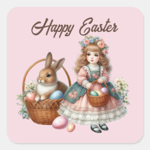 Schattige blij Pasen meisje tekst toevoegen Vierkante Sticker