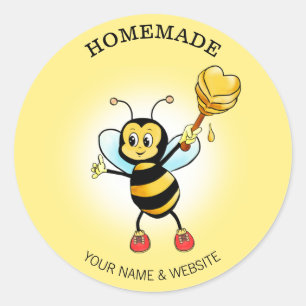 Schattige blije hommel en honingraat op geel ronde sticker